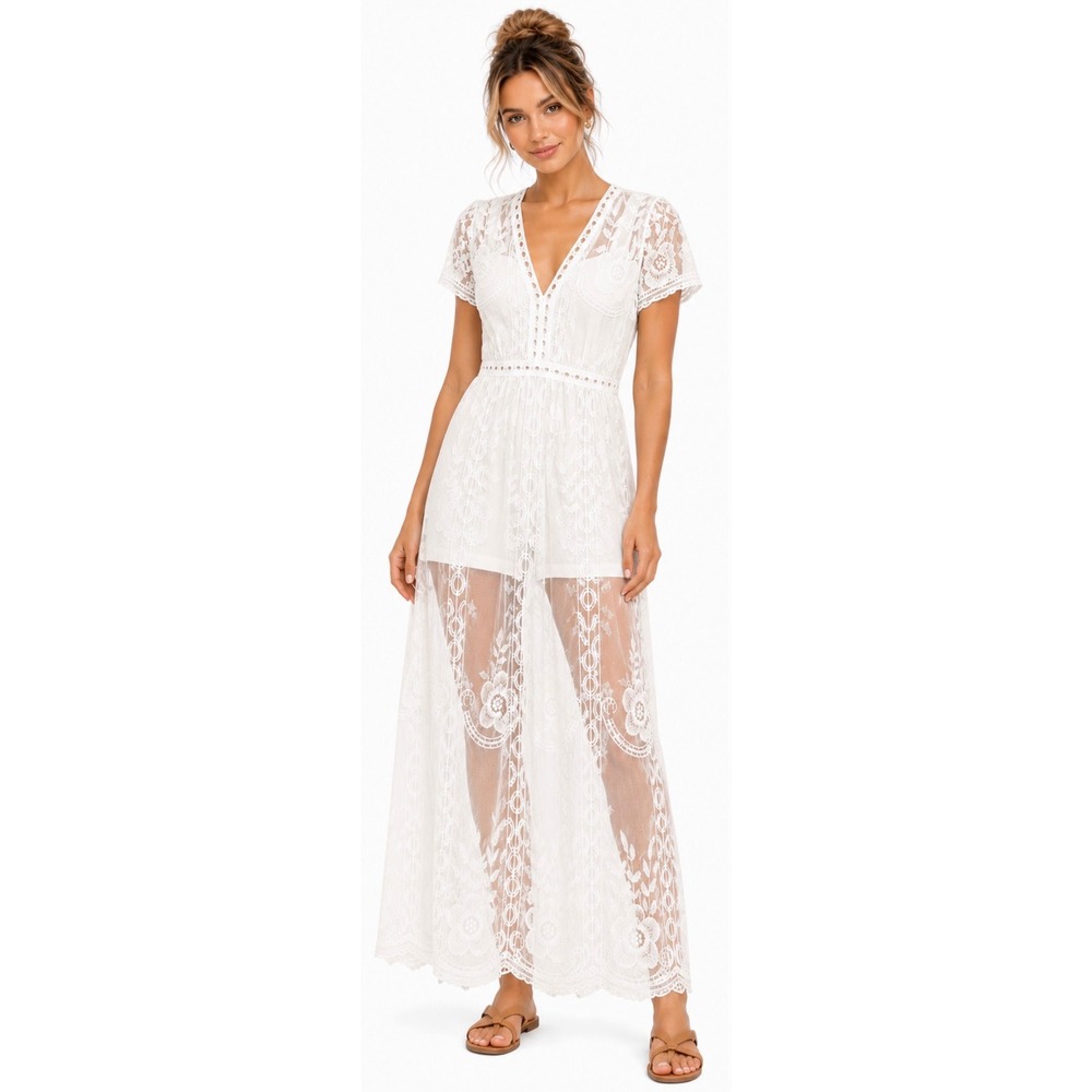 ELETER White Floral Lace Maxi Dress Romper Boho Festival Medium Fairy Whimsy